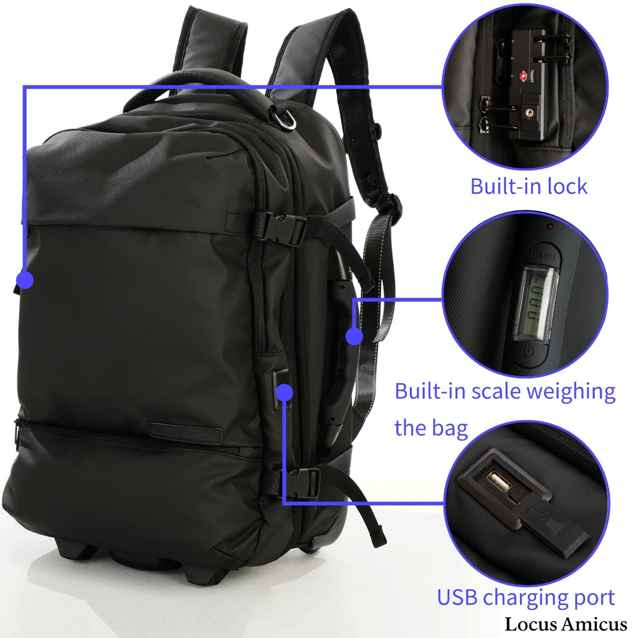Locus Amicus Maximus Smart Travel Backpack – Luxe 2-in-1 Rugzak & Trolley (60L) met Weegschaal, USB-poort, Laptopvak & Vacuümpomp